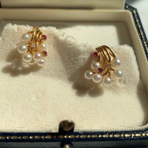 Gold pearl and ruby and diamond earrings